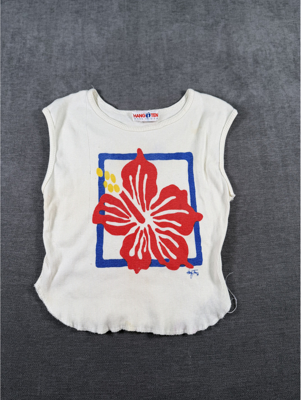 Vintage Hang Ten Sleeveless Ribbed Knit Top with Floral Print